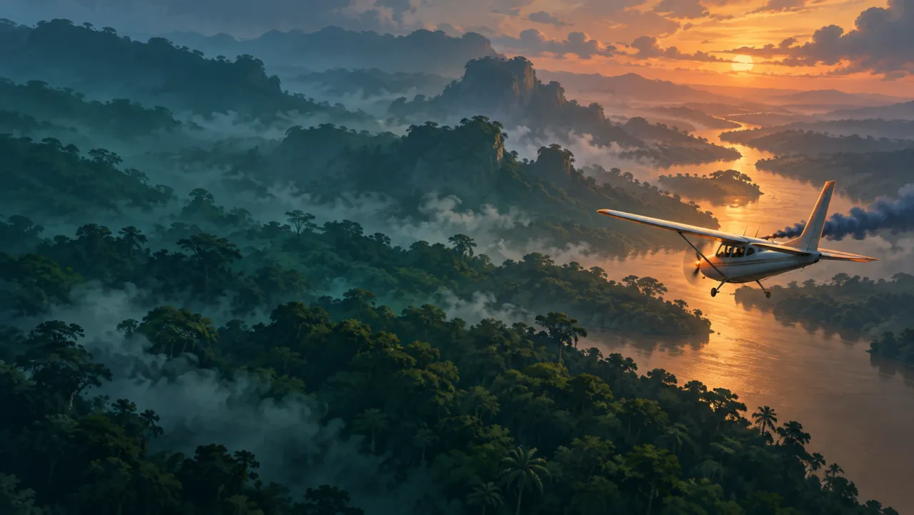 Un petit avion qui vole bas au-dessus de la jungle amazonienne en laissant une traînée de fumée