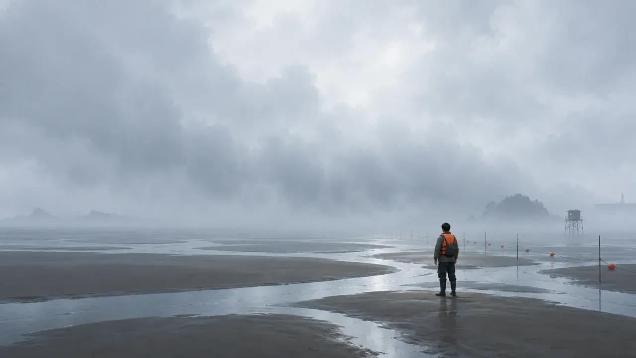 Una persona sola en la llanura del mar Occidental cubierta por la niebla marina, y a lo lejos una torre oxidada