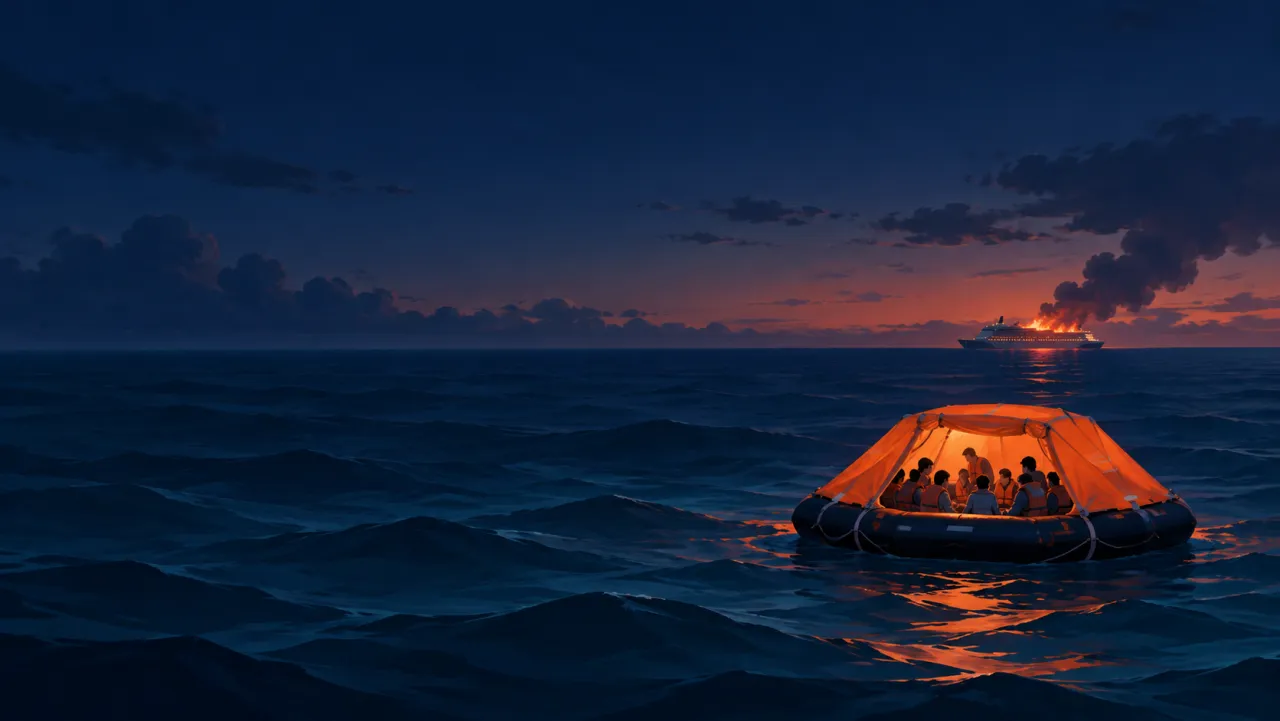 Chiếc bè cứu sinh màu cam trôi trên biển đêm, bỏ lại sau lưng du thuyền đang cháy