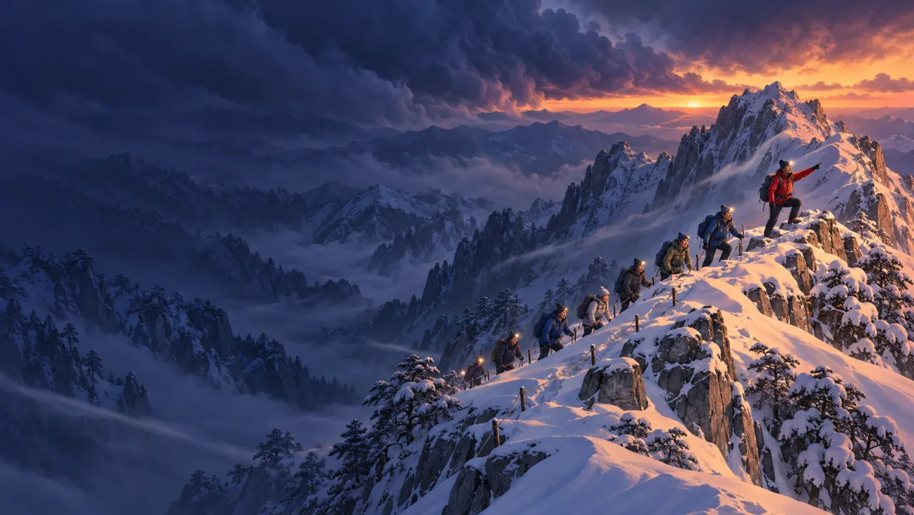 Cresta de Seoraksan en invierno al atardecer: excursionistas en fila bajo nubes de ventisca y el director con chaqueta roja señalando la cumbre